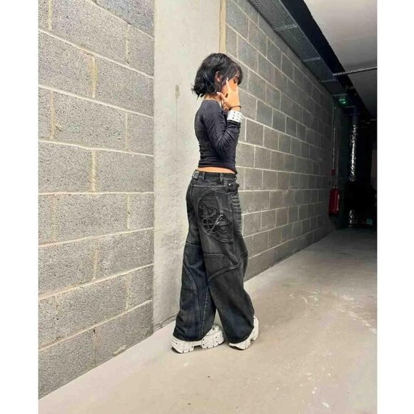 Men's Wide Leg Gothic Jeans High Rise Loose Fit Casual Fashion Durable - Picture 5 of 7